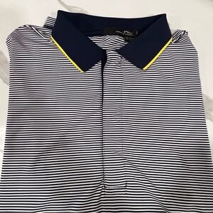 RLX Ralph Lauren men's navy striped polo with navy/yellow‎ collar medium golf